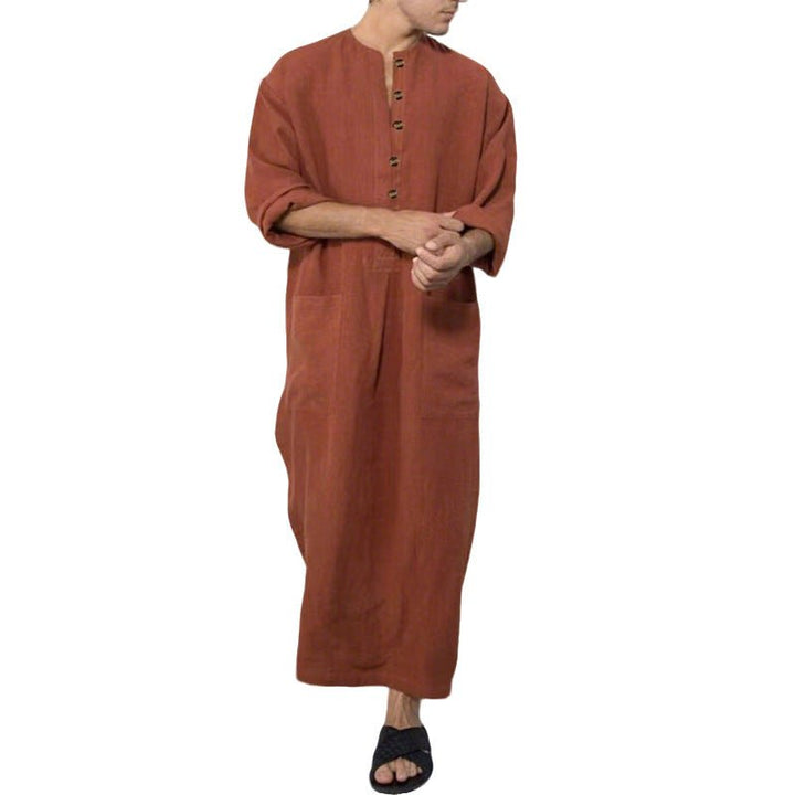 Ryan | Men's Relaxed-Fit Maxi Linen Kaftan Tunic Stand-Collar Button Placket 0