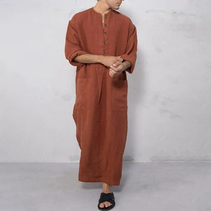Ryan | Men's Relaxed-Fit Maxi Linen Kaftan Tunic Stand-Collar Button Placket 1
