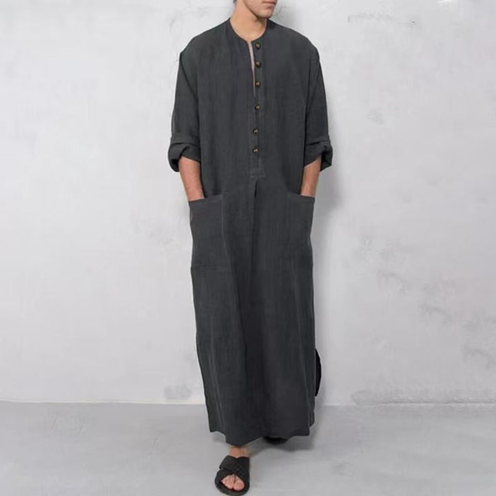 Ryan | Men's Relaxed-Fit Maxi Linen Kaftan Tunic Stand-Collar Button Placket 2