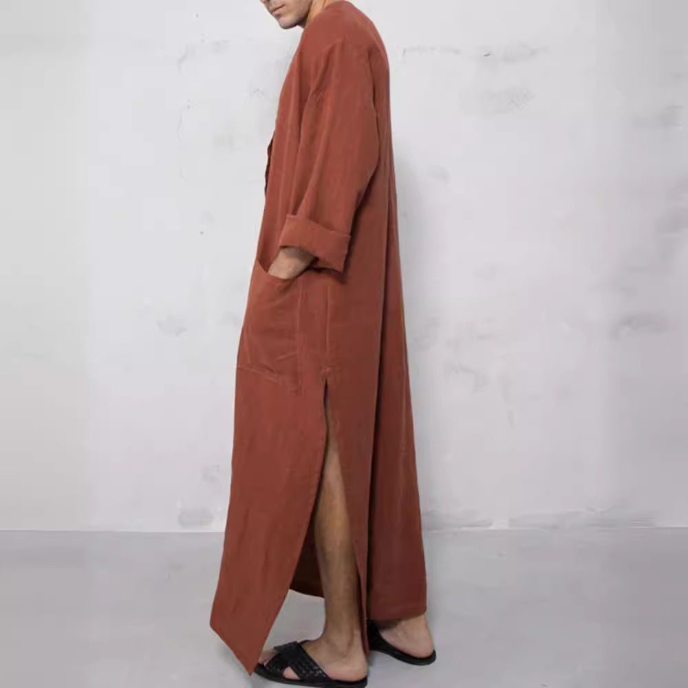 Ryan | Men's Relaxed-Fit Maxi Linen Kaftan Tunic Stand-Collar Button Placket 4