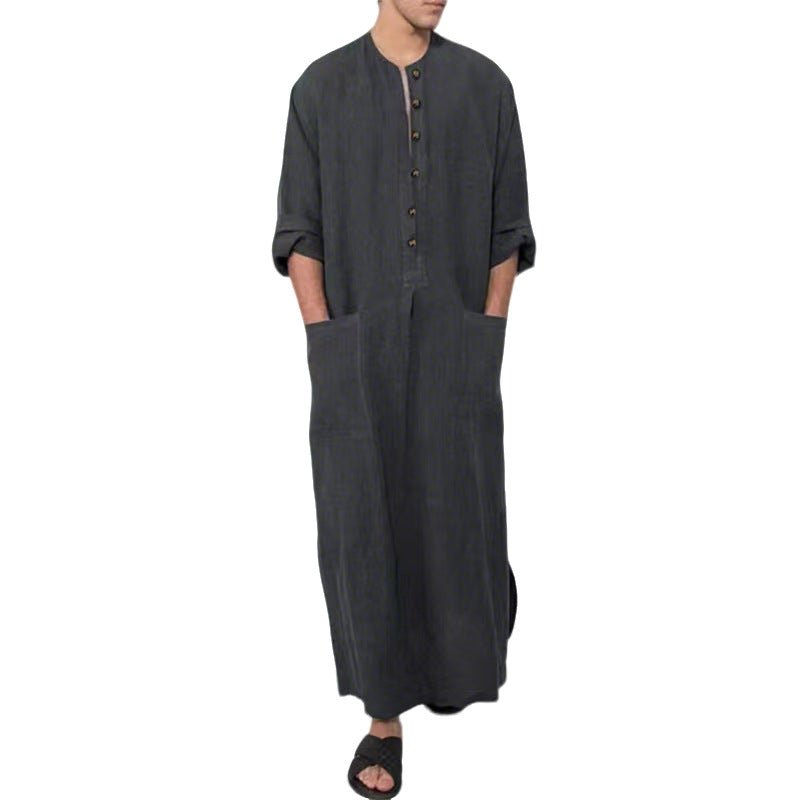 Ryan | Men's Relaxed-Fit Maxi Linen Kaftan Tunic Stand-Collar Button Placket 5