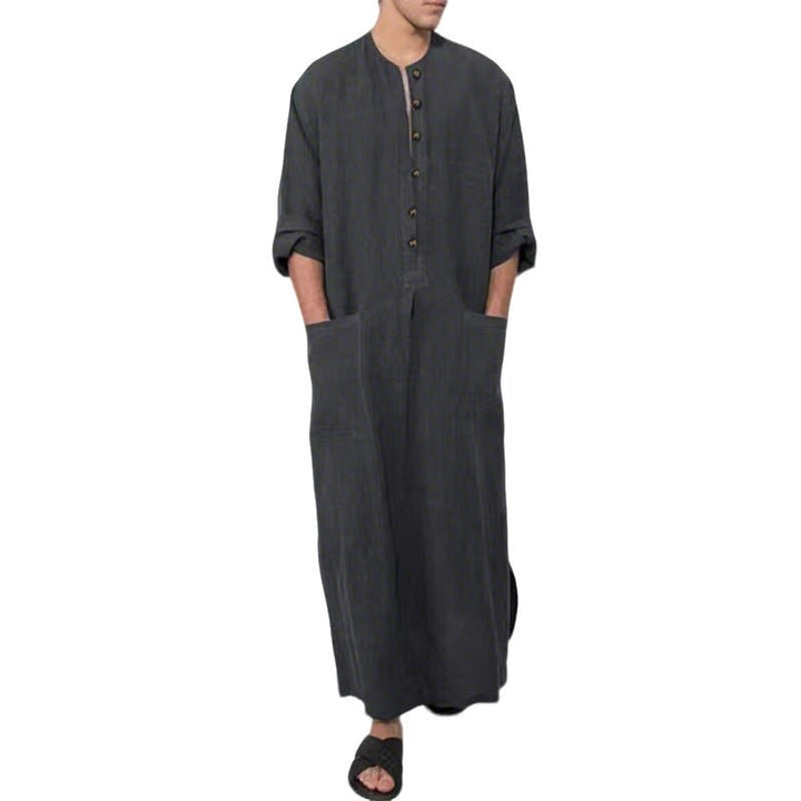 Ryan | Men's Relaxed-Fit Maxi Linen Kaftan Tunic Stand-Collar Button Placket 5