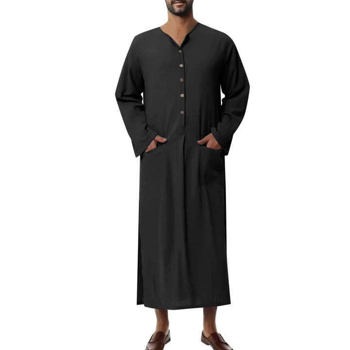 Ryan | Men's Relaxed-Fit Maxi Linen Kaftan Tunic Stand-Collar Button Placket 6
