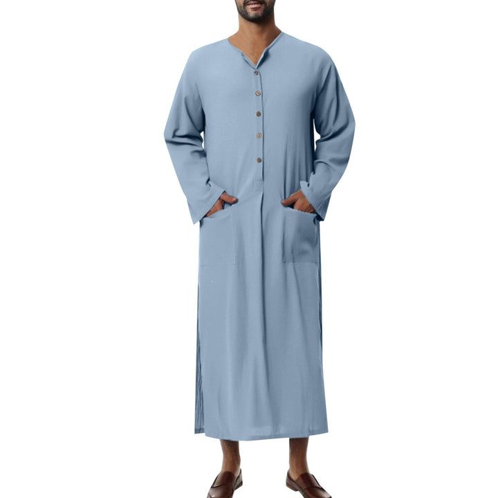 Ryan | Men's Relaxed-Fit Maxi Linen Kaftan Tunic Stand-Collar Button Placket 7