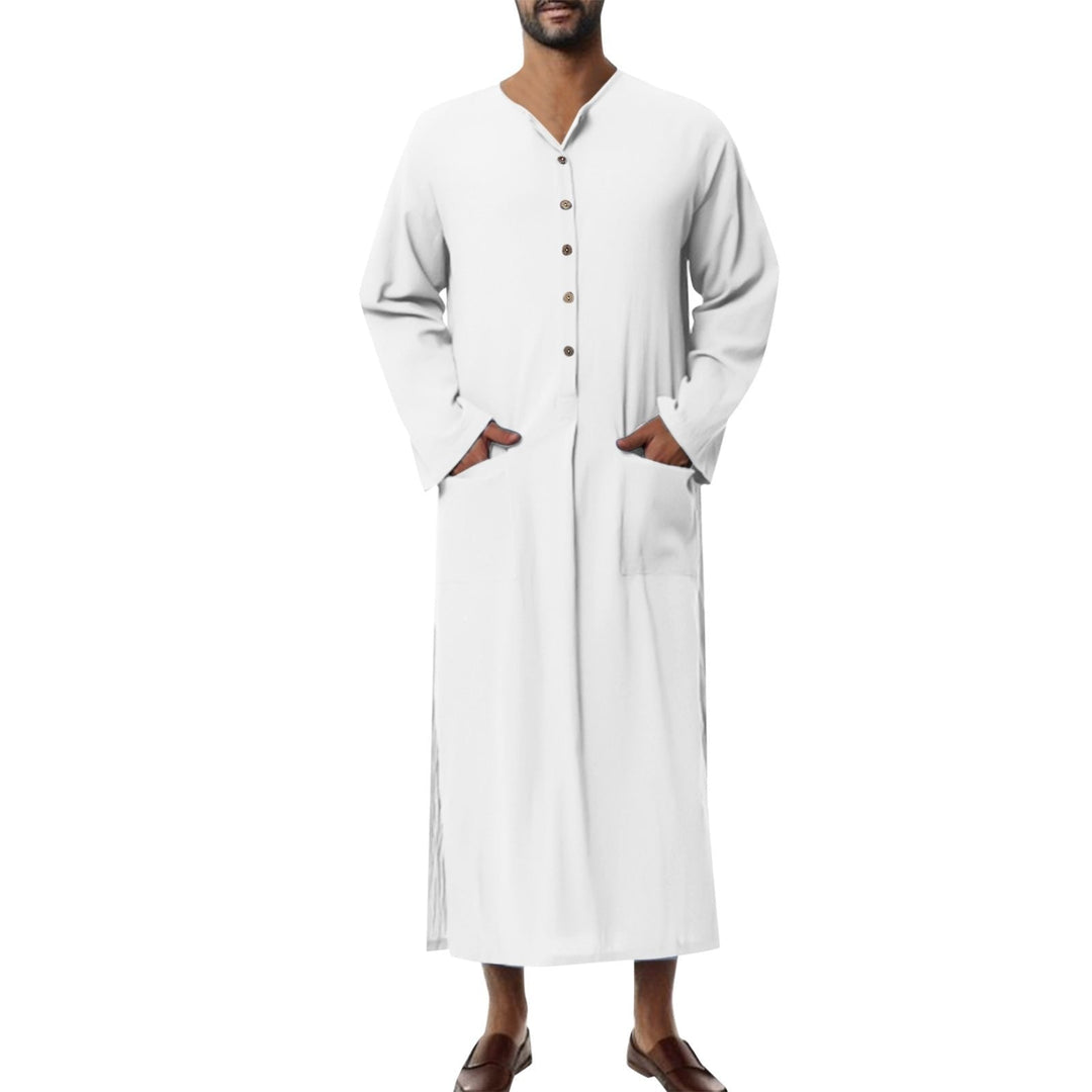 Ryan | Men's Relaxed-Fit Maxi Linen Kaftan Tunic Stand-Collar Button Placket 8
