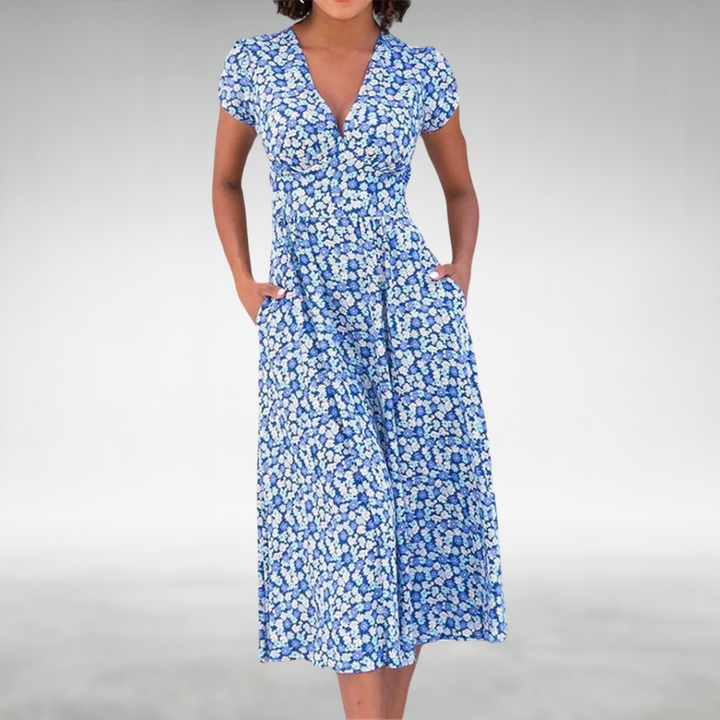 Saffron | Elegant Floral Print Summer Dress for Women - V-Neck, Midi Length 0