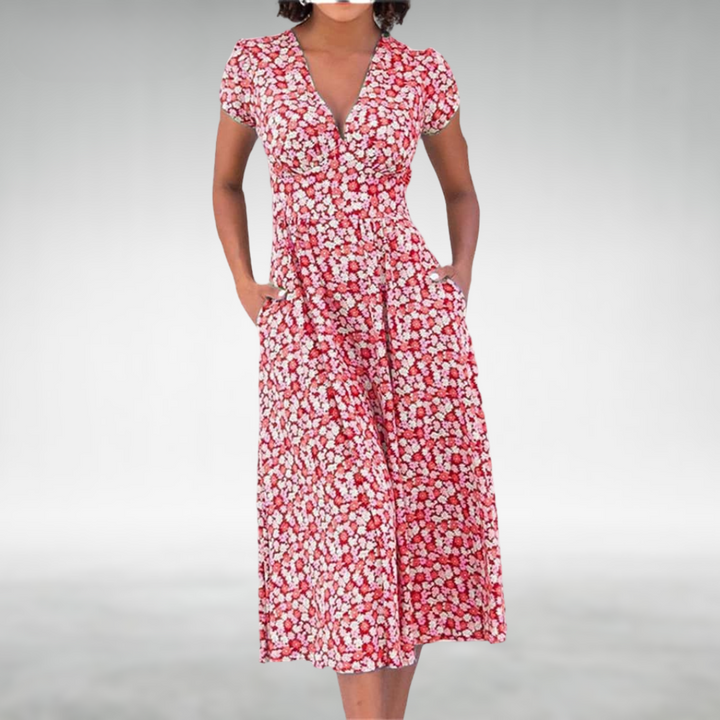 Saffron | Elegant Floral Print Summer Dress for Women - V-Neck, Midi Length 1