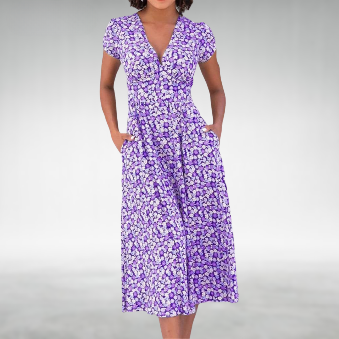 Saffron | Elegant Floral Print Summer Dress for Women - V-Neck, Midi Length 2