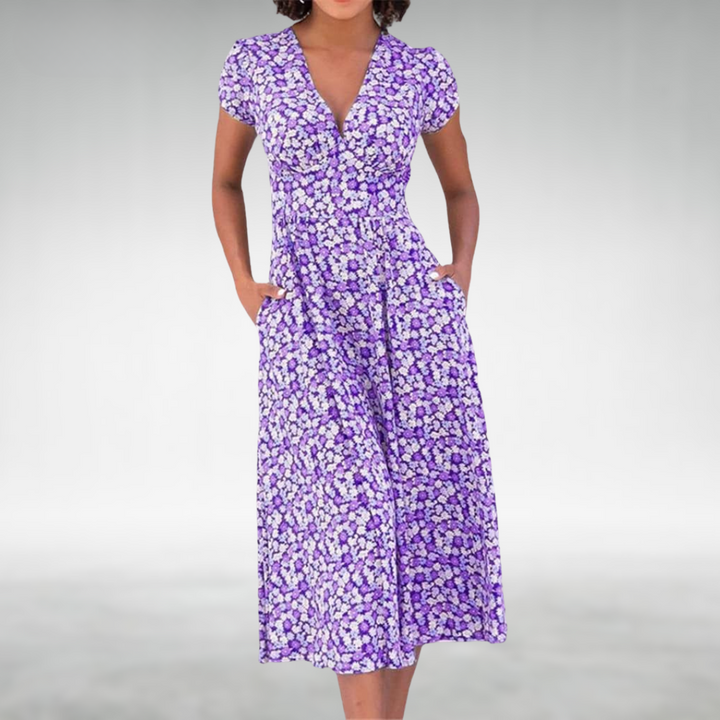 Saffron | Elegant Floral Print Summer Dress for Women - V-Neck, Midi Length 2
