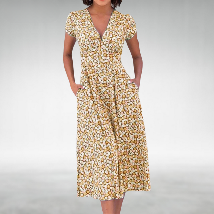 Saffron | Elegant Floral Print Summer Dress for Women - V-Neck, Midi Length 3