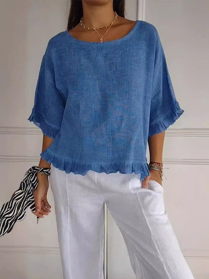 Scarlett | Women's Relaxed-Fit Frayed-Hem Linen-Look Short-Sleeve Blouse 0