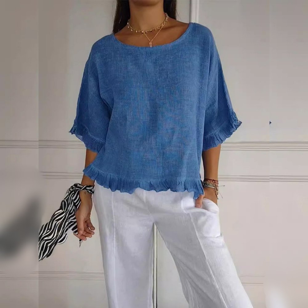 Scarlett | Women's Relaxed-Fit Frayed-Hem Linen-Look Short-Sleeve Blouse 1