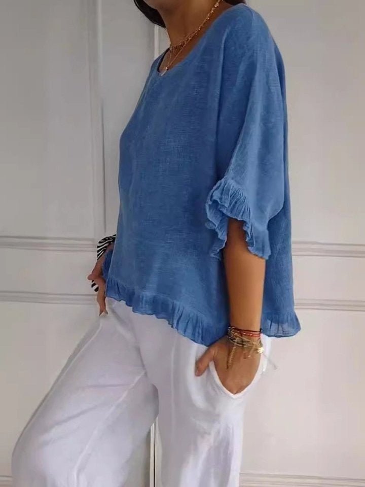 Scarlett | Women's Relaxed-Fit Frayed-Hem Linen-Look Short-Sleeve Blouse 2