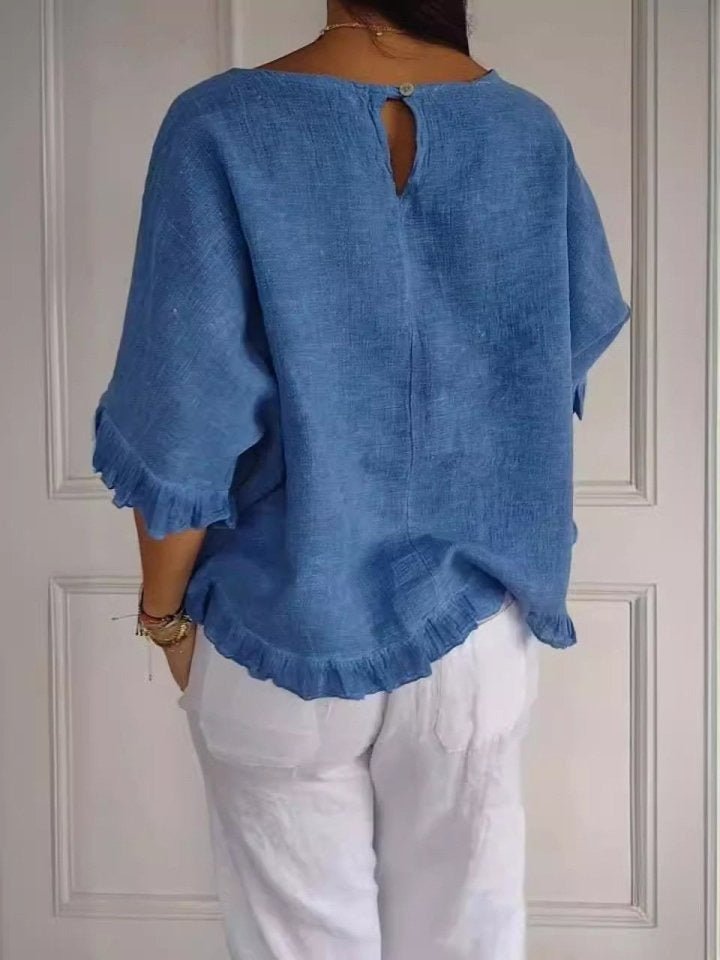 Scarlett | Women's Relaxed-Fit Frayed-Hem Linen-Look Short-Sleeve Blouse 3