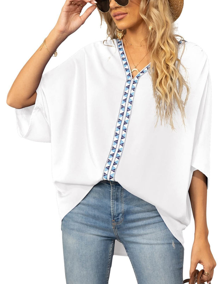 Scarlett | Women's Relaxed V-Neck Geometric Trim Oversized Tunic Top 5