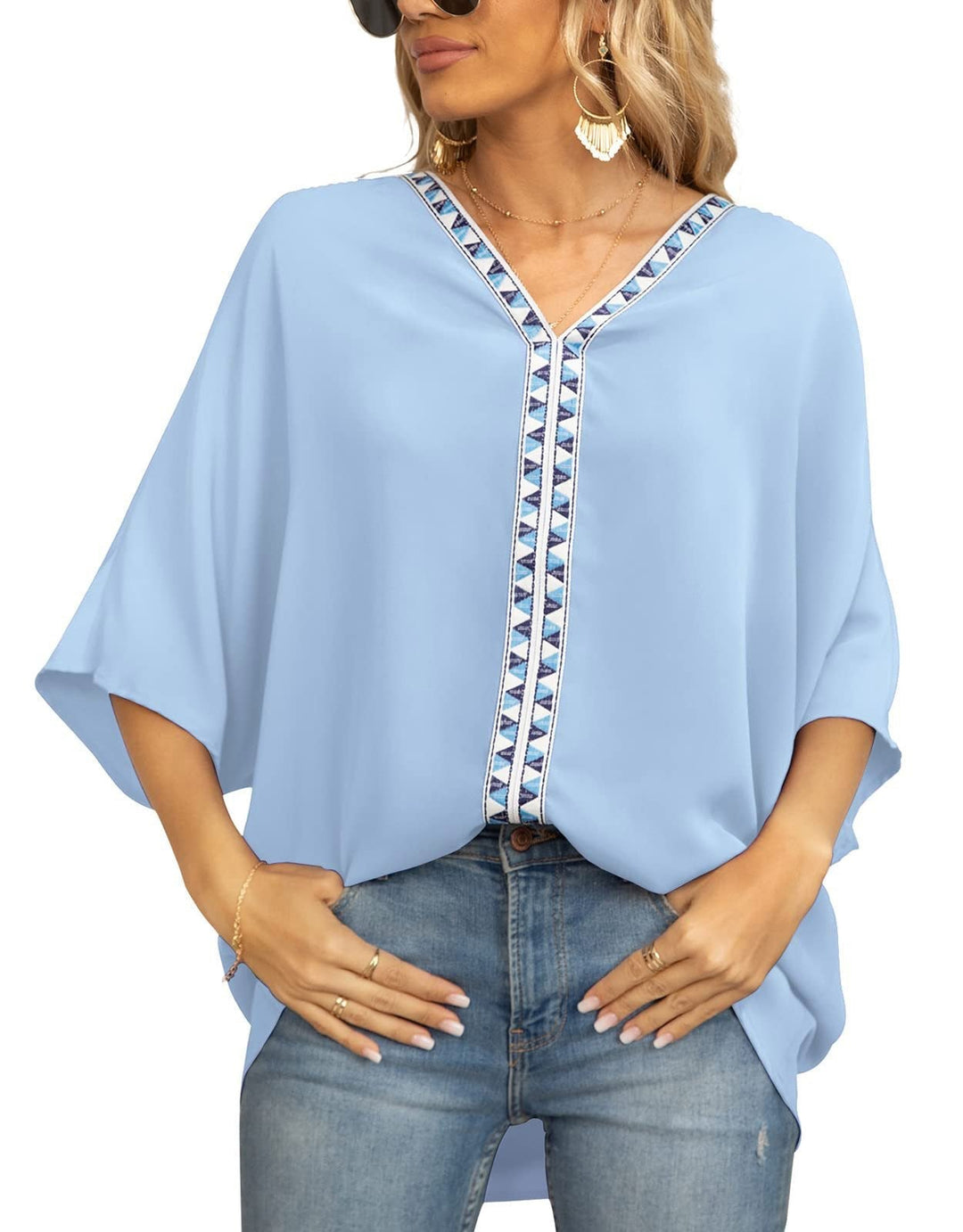 Scarlett | Women's Relaxed V-Neck Geometric Trim Oversized Tunic Top 8