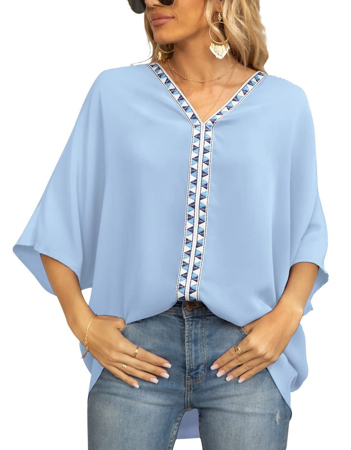 Scarlett | Women's Relaxed V-Neck Geometric Trim Oversized Tunic Top 8