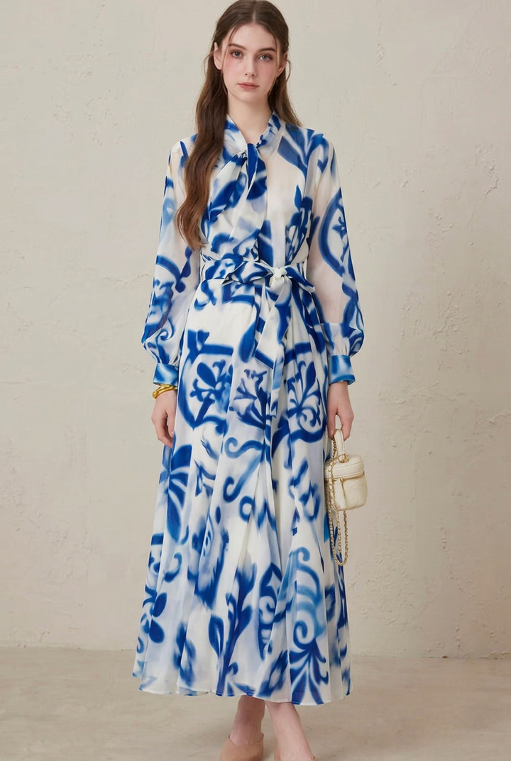 Leona | Porcelain-Print Belted Long-Sleeve Maxi Dress - image 2