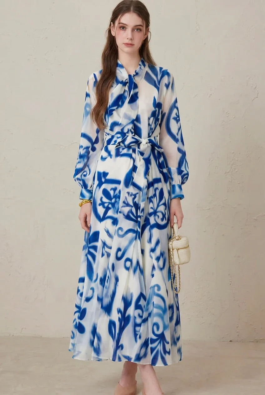 Leona | Porcelain-Print Belted Long-Sleeve Fall Maxi Dress