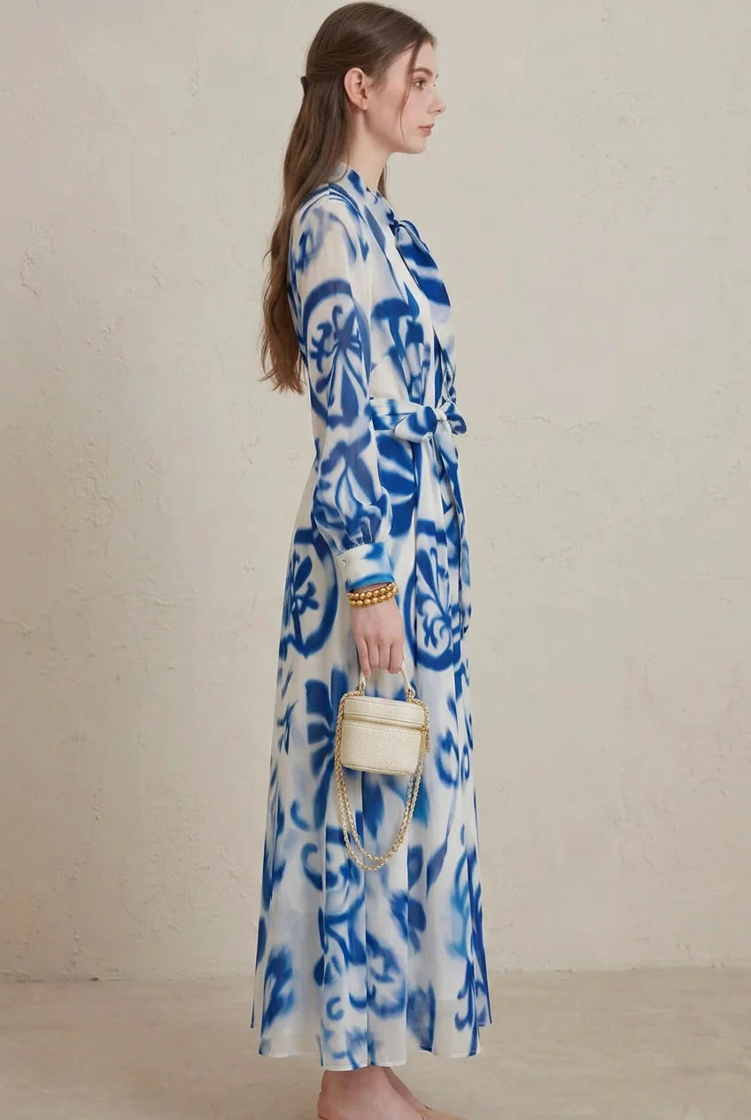 Leona | Porcelain-Print Belted Long-Sleeve Fall Maxi Dress