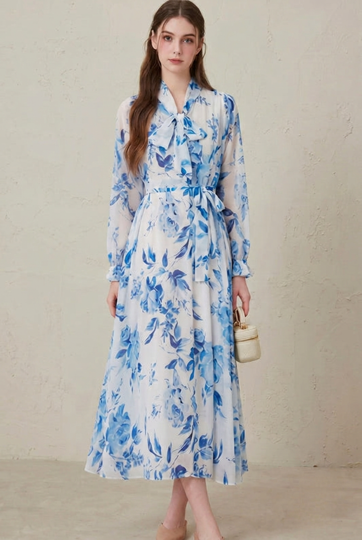 Leona | Porcelain-Print Belted Long-Sleeve Maxi Dress