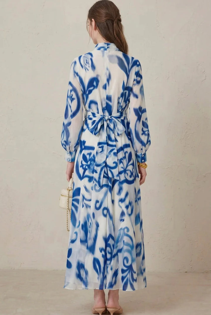 Leona | Porcelain-Print Belted Long-Sleeve Fall Maxi Dress
