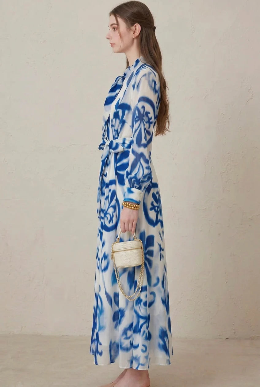 Leona | Porcelain-Print Belted Long-Sleeve Fall Maxi Dress