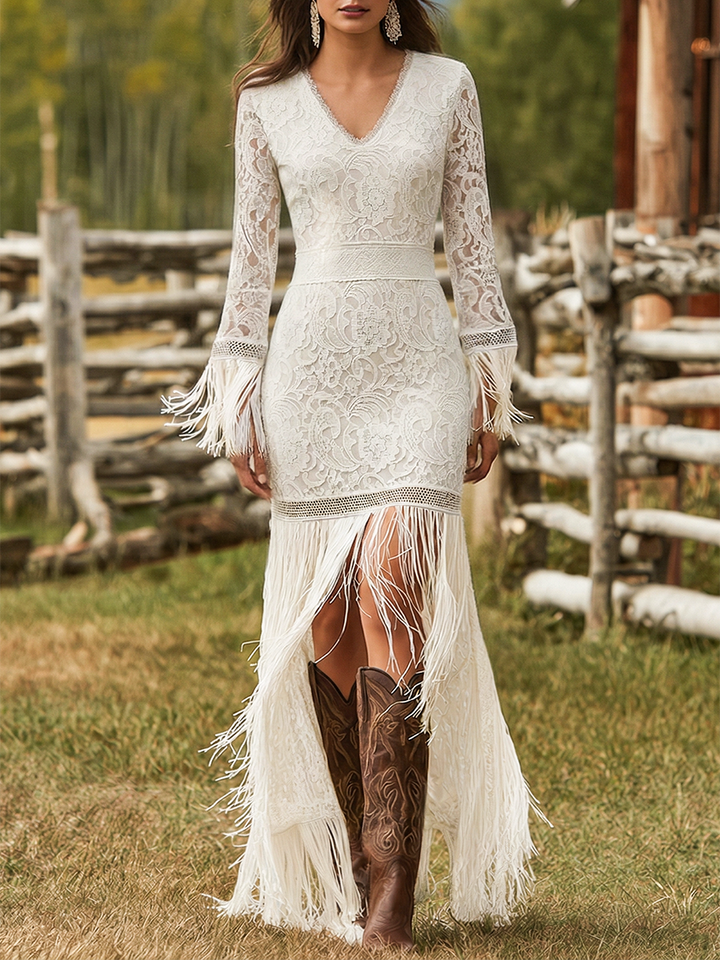 Serena | Elegant Long Sleeve Maxi Dress with Tassels for Women 0