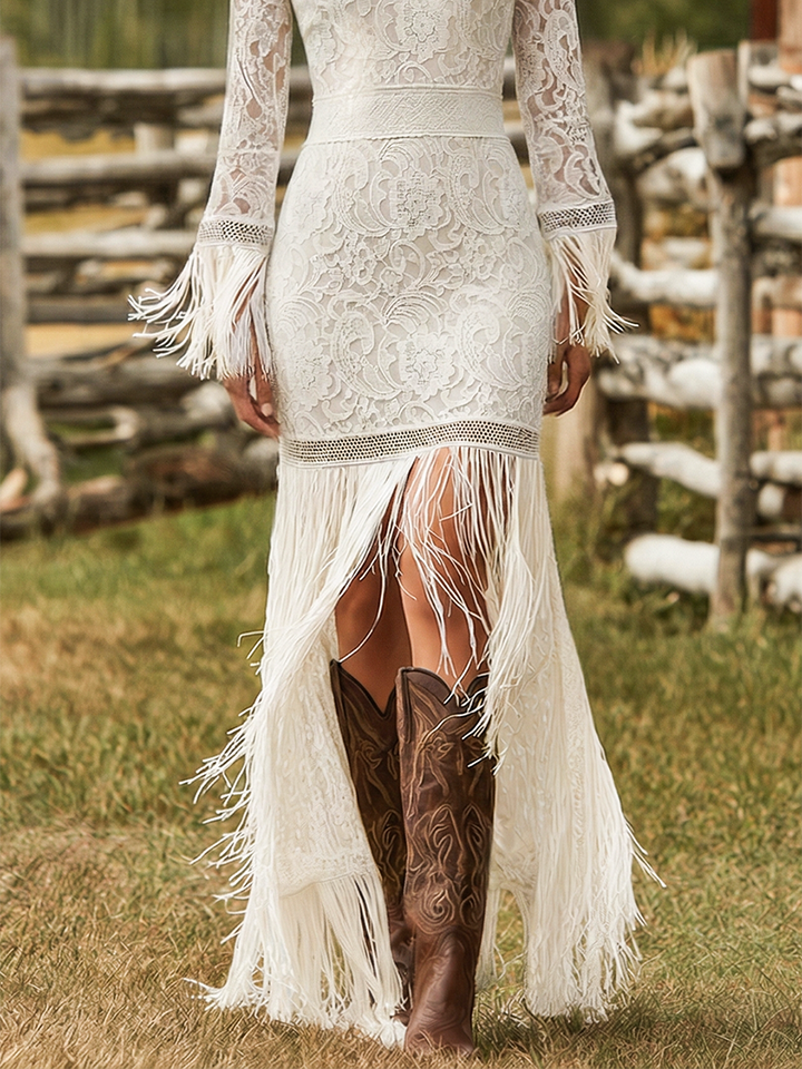Serena | Elegant Long Sleeve Maxi Dress with Tassels for Women 7