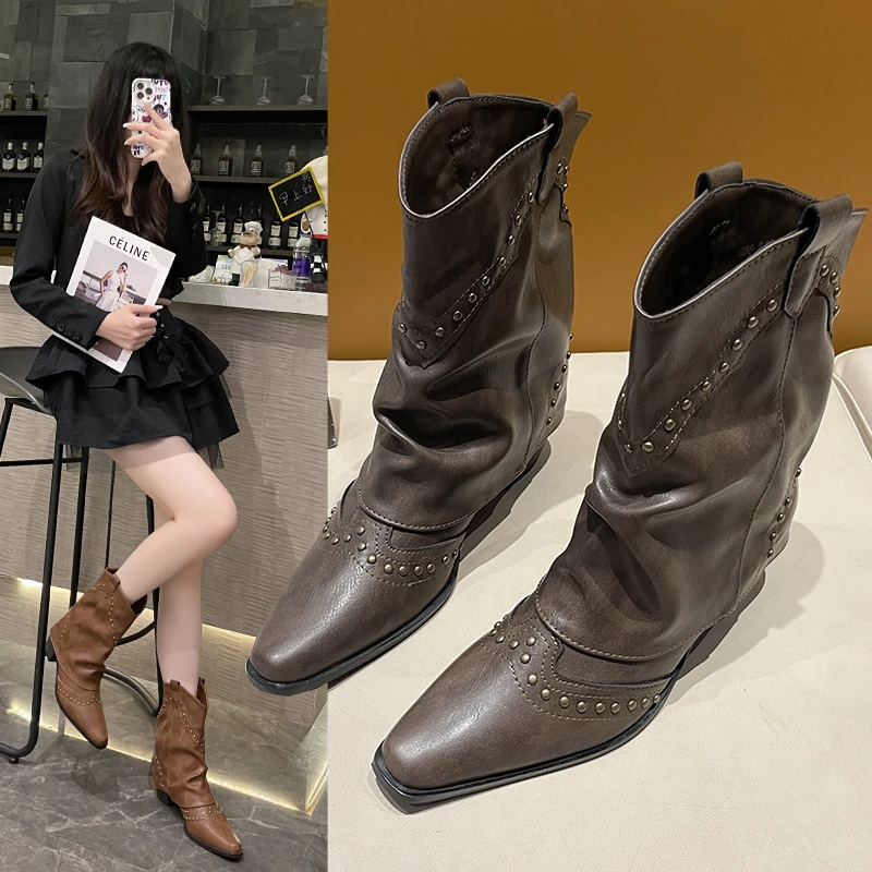 Sierra | Women's Cowgirl Boots Black Studded Mid-Heel Stylish Fit 3