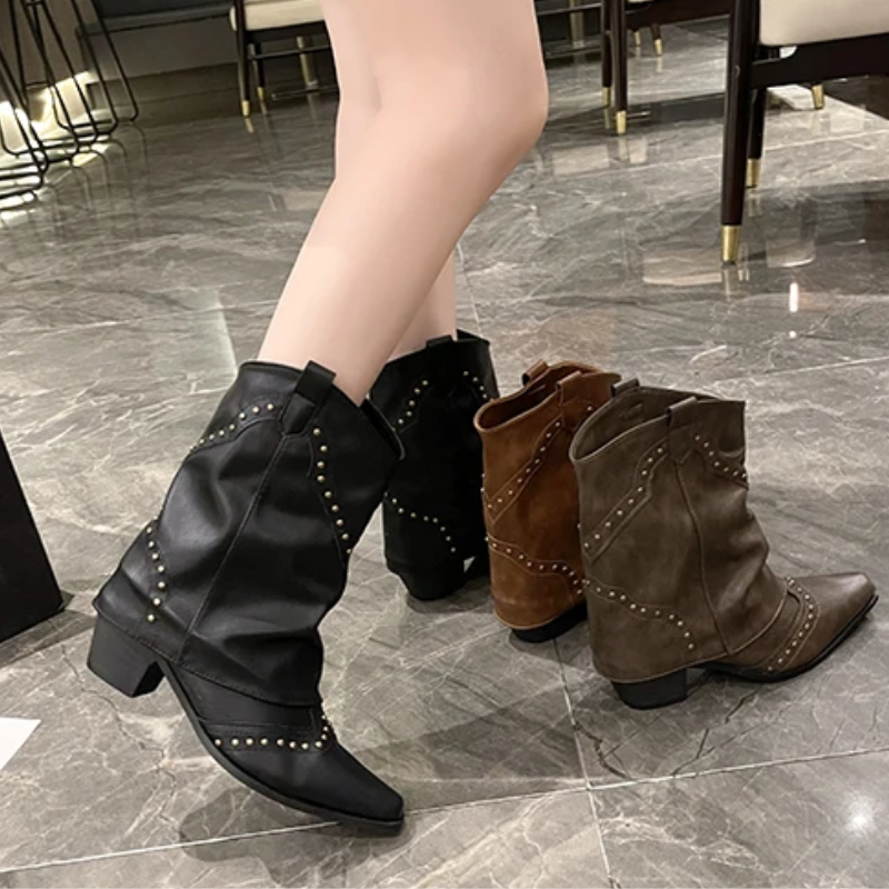 Sierra | Women's Cowgirl Boots Black Studded Mid-Heel Stylish Fit 5