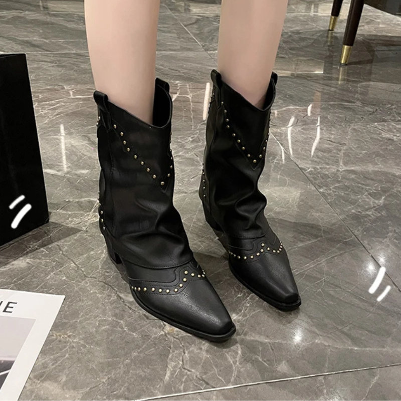 Sierra | Women's Cowgirl Boots Black Studded Mid-Heel Stylish Fit 6