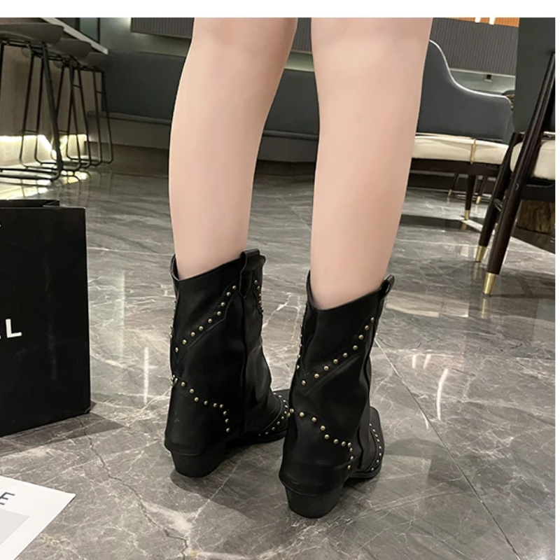 Sierra | Women's Cowgirl Boots Black Studded Mid-Heel Stylish Fit 7