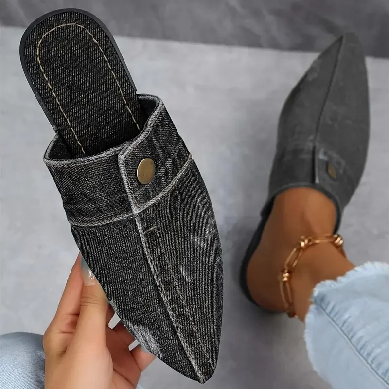 Sofia | Stylish Pointed Toe Flat Mules Shoes for Women - Chic Denim Slip-On Flats 1