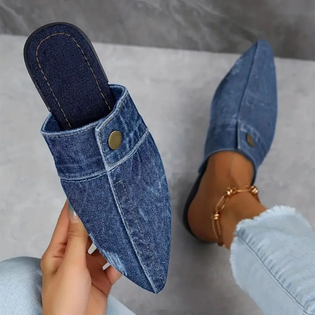 Sofia | Stylish Pointed Toe Flat Mules Shoes for Women - Chic Denim Slip-On Flats 2
