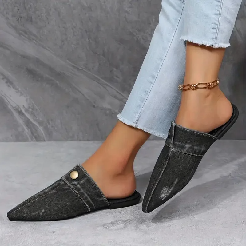 Sofia | Stylish Pointed Toe Flat Mules Shoes for Women - Chic Denim Slip-On Flats 4