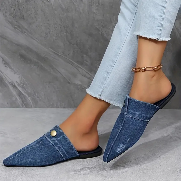 Sofia | Stylish Pointed Toe Flat Mules Shoes for Women - Chic Denim Slip-On Flats 5