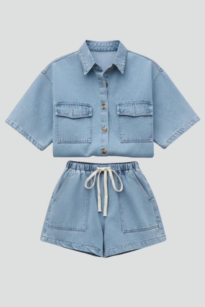 Solara | Effortless, Comfortable Women's Two Piece Set – Short Sleeve Collared Shirt & High Waisted Shorts 1