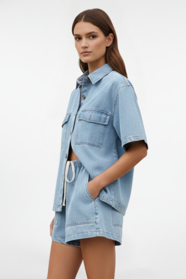 Solara | Effortless, Comfortable Women's Two Piece Set – Short Sleeve Collared Shirt & High Waisted Shorts 2