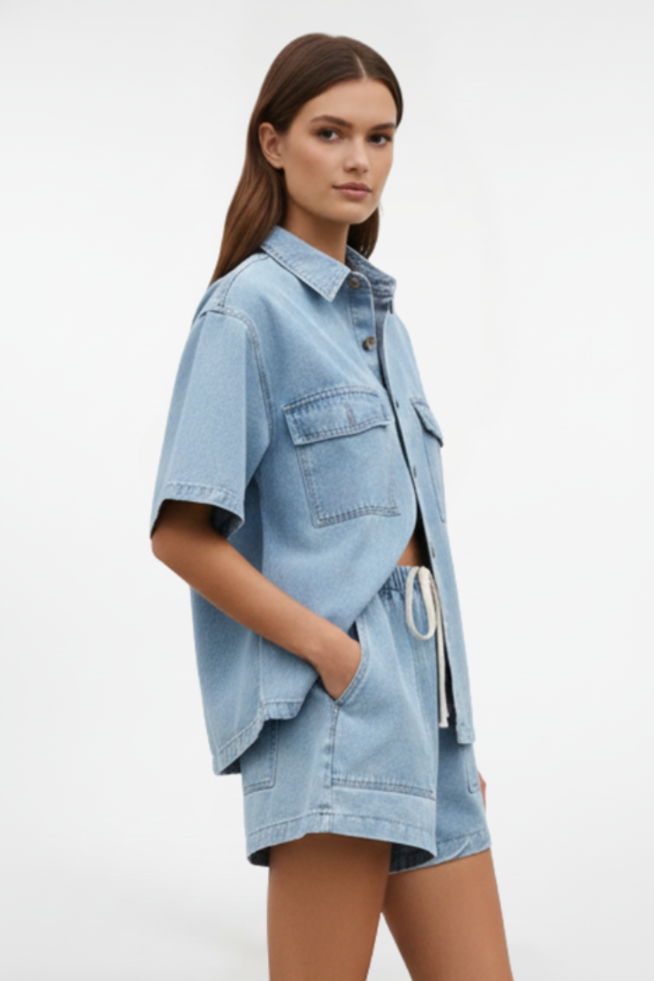 Solara | Effortless, Comfortable Women's Two Piece Set – Short Sleeve Collared Shirt & High Waisted Shorts 3