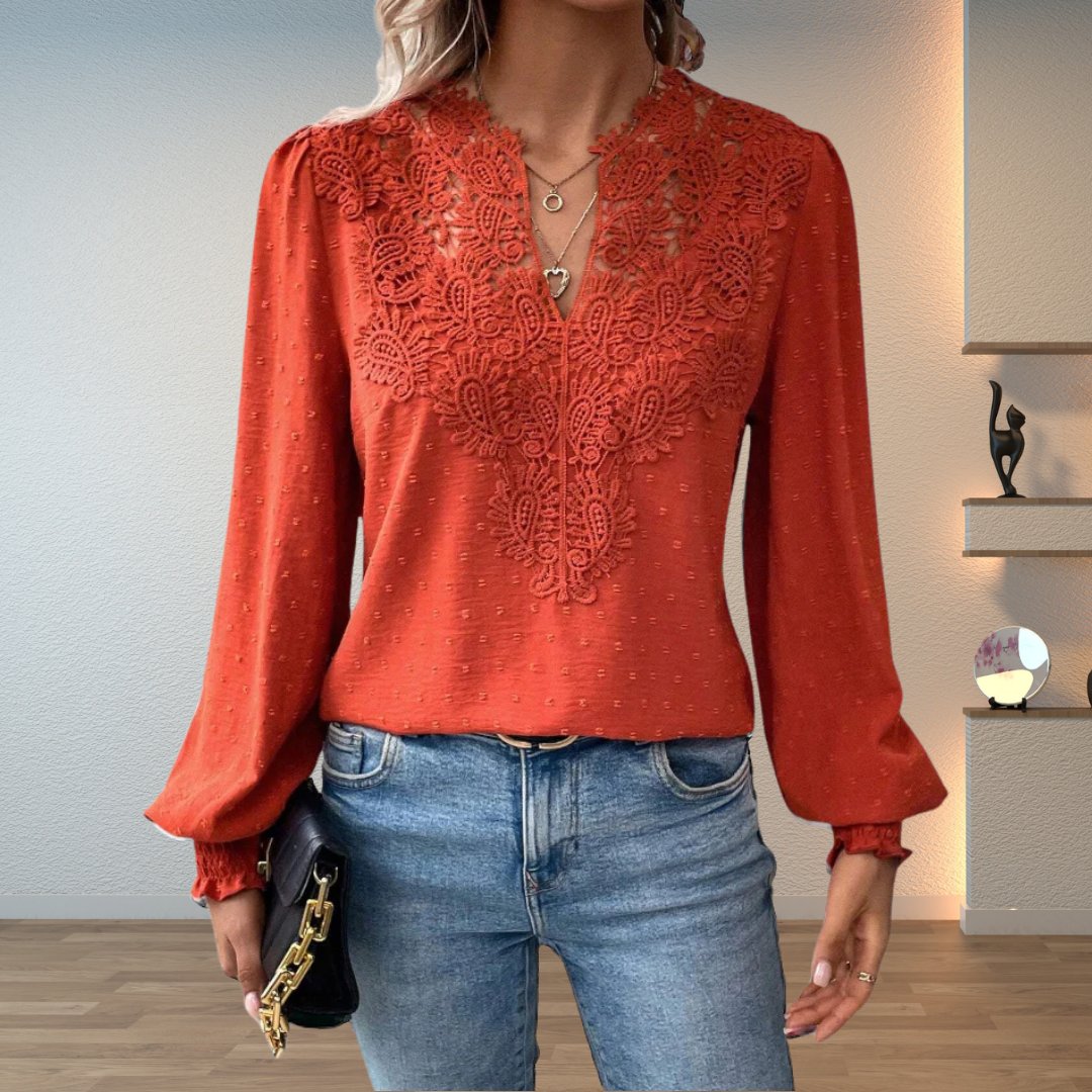 Sophia | Women's Lace-Bodice V-Neck Smocked-Cuff Long-Sleeve Blouse 0