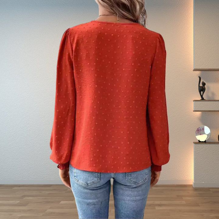 Sophia | Women's Lace-Bodice V-Neck Smocked-Cuff Long-Sleeve Blouse 1