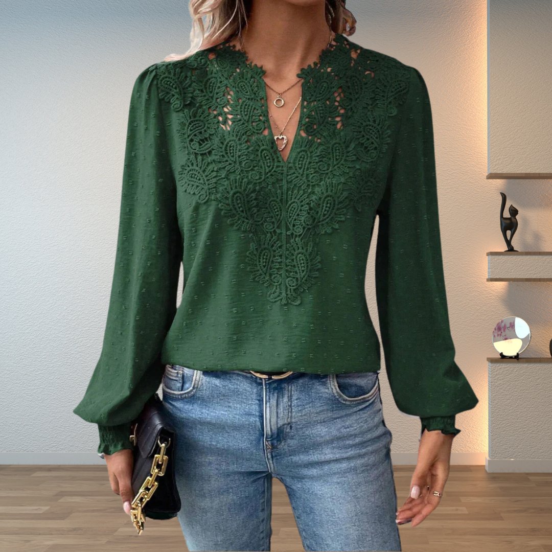 Sophia | Women's Lace-Bodice V-Neck Smocked-Cuff Long-Sleeve Blouse 3