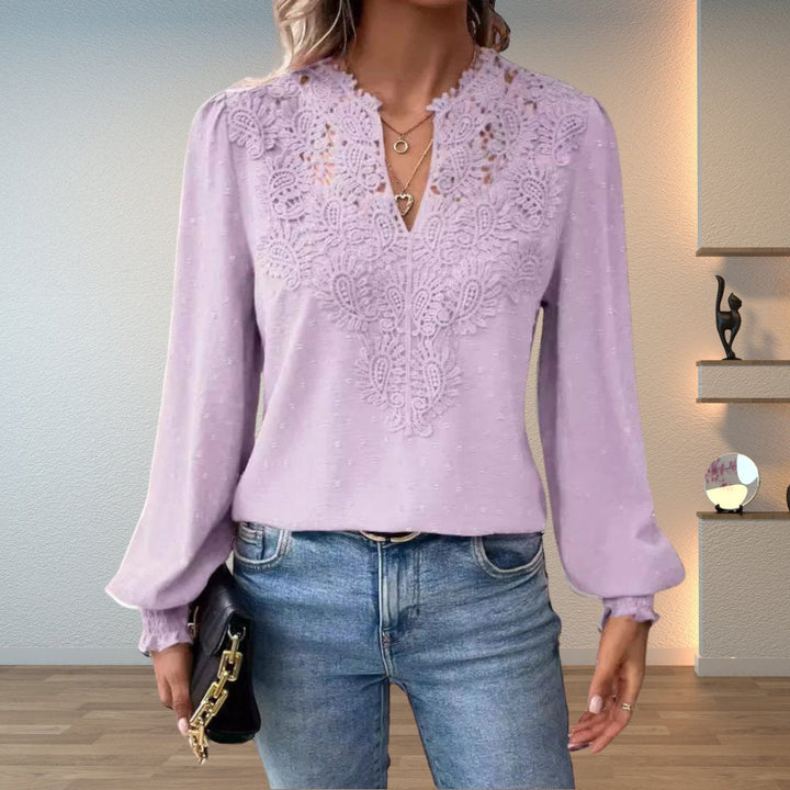 Sophia | Women's Lace-Bodice V-Neck Smocked-Cuff Long-Sleeve Blouse 4