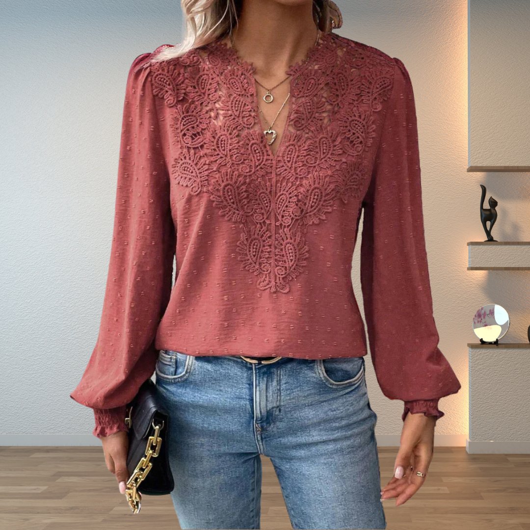 Sophia | Women's Lace-Bodice V-Neck Smocked-Cuff Long-Sleeve Blouse 5