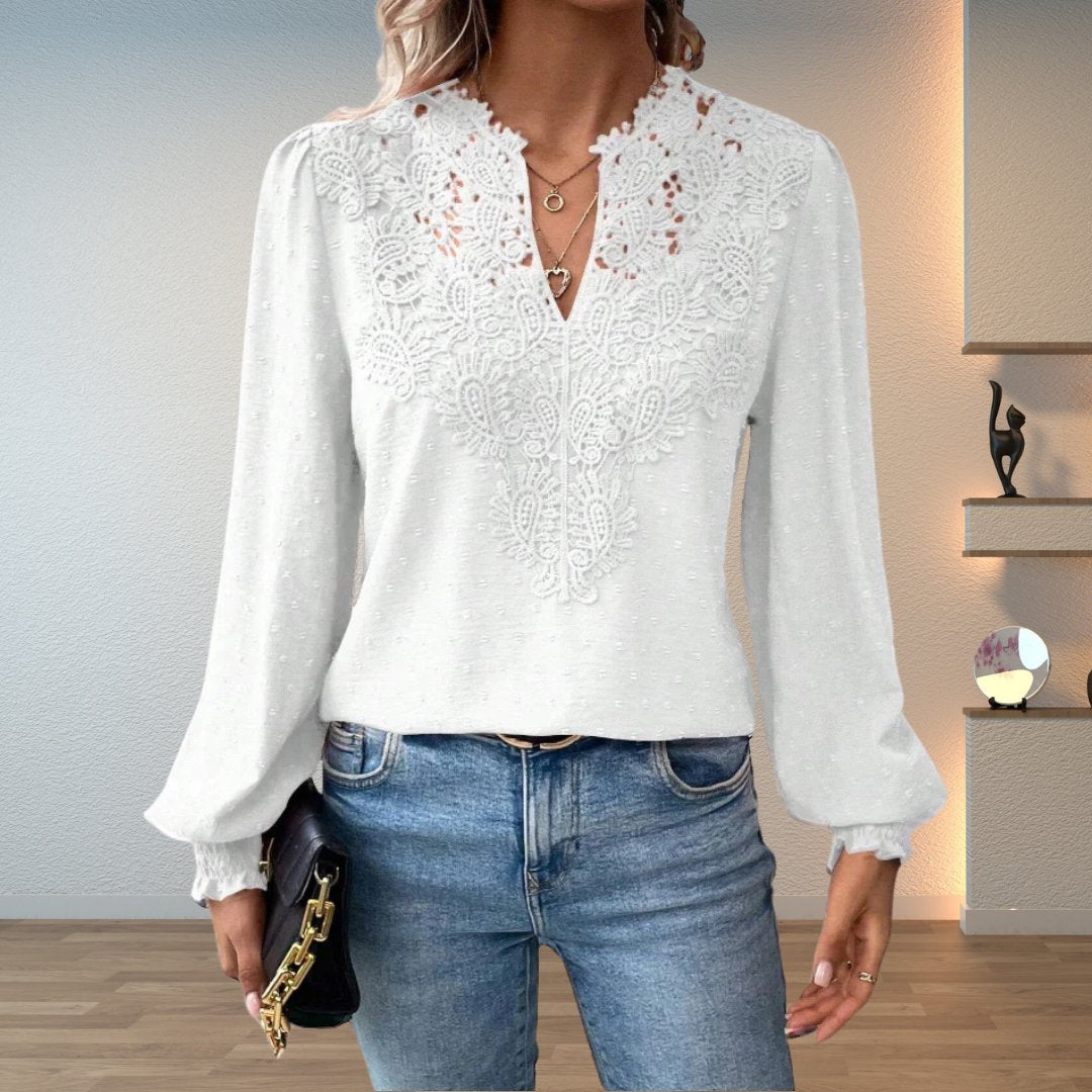 Sophia | Women's Lace-Bodice V-Neck Smocked-Cuff Long-Sleeve Blouse 6