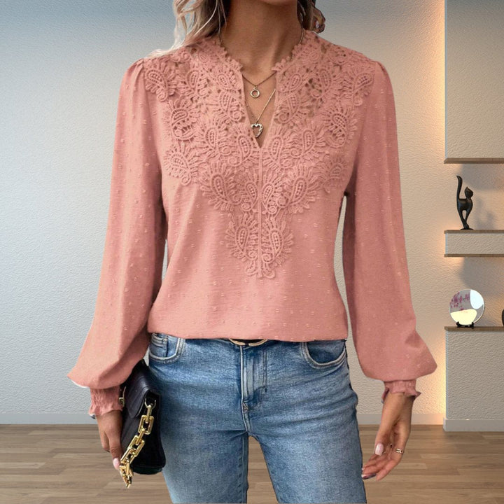 Sophia | Women's Lace-Bodice V-Neck Smocked-Cuff Long-Sleeve Blouse 7