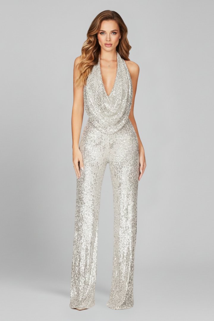 Sophia | Women's Sequin Halter Cowl-Neck Wide Leg Pants Jumpsuit 3