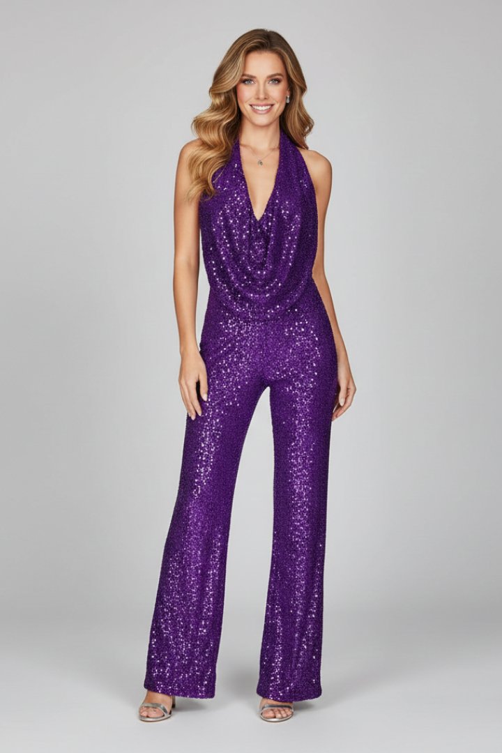 Sophia | Women's Sequin Halter Cowl-Neck Wide Leg Pants Jumpsuit 5
