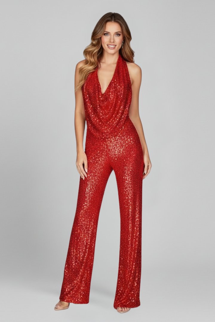 Sophia | Women's Sequin Halter Cowl-Neck Wide Leg Pants Jumpsuit 7
